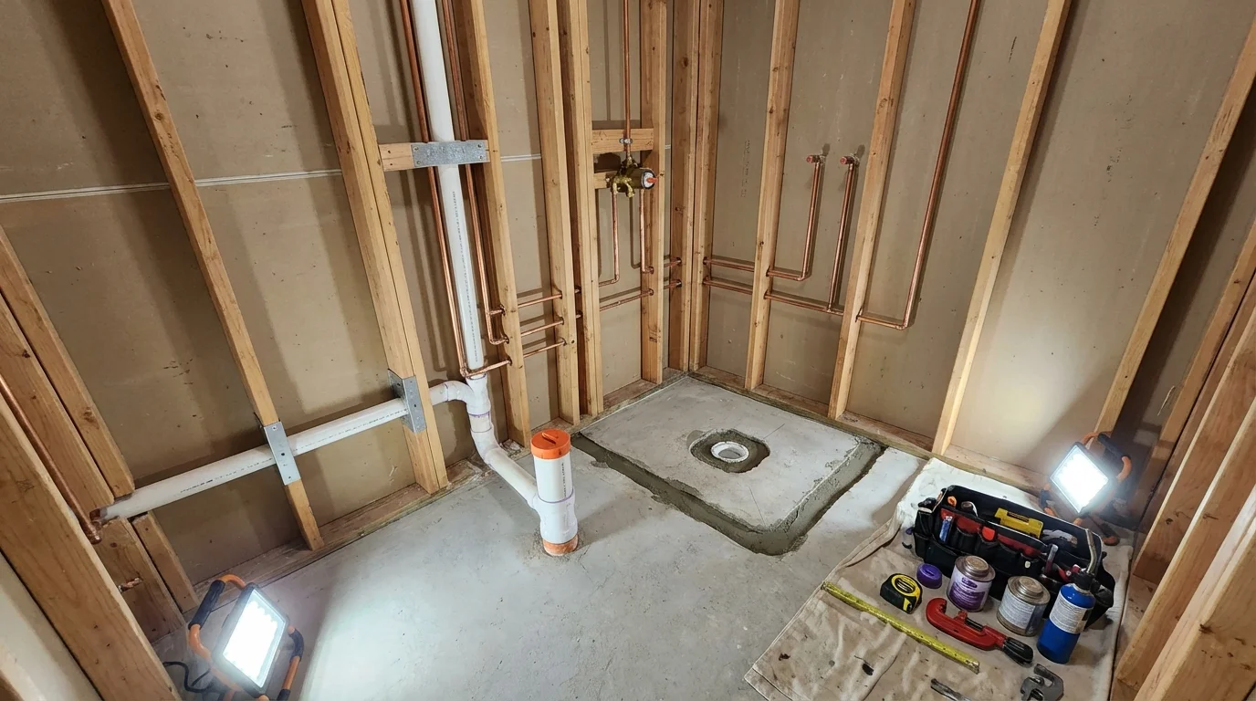 Bathroom rough-in plumbing during remodel by Johns Plumbing LLC in Nanty Glo