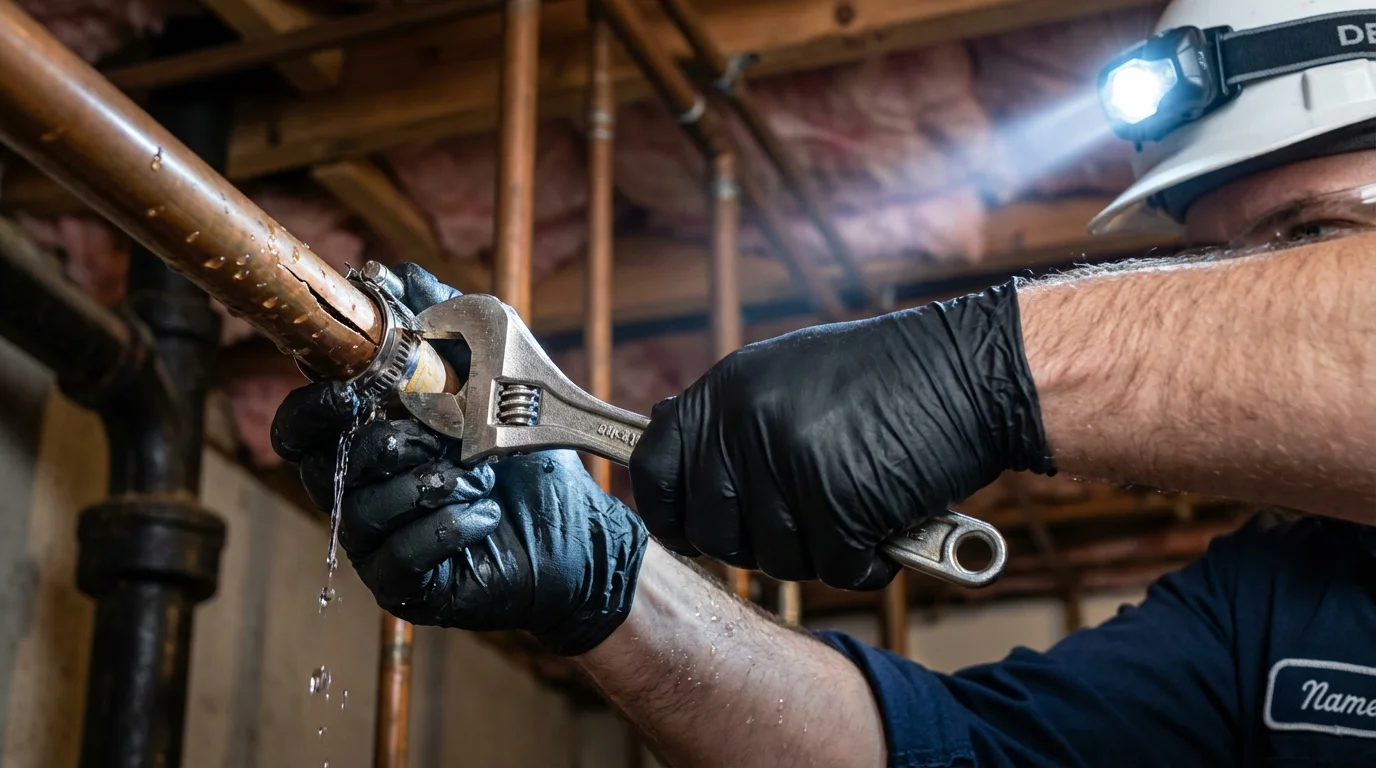 Emergency pipe clamp repair being performed by a Johns Plumbing LLC plumber in Nanty Glo