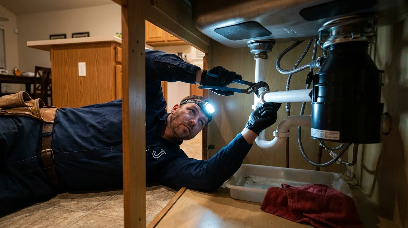 P-trap and supply line connections under a kitchen sink showing a common leak point in Nanty Glo, PA